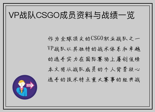 VP战队CSGO成员资料与战绩一览