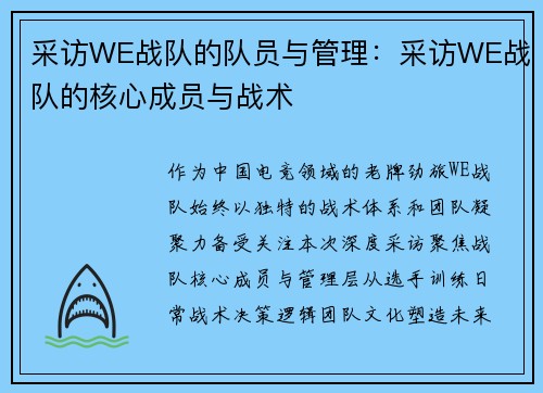 采访WE战队的队员与管理：采访WE战队的核心成员与战术