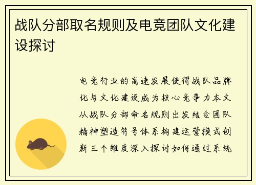 战队分部取名规则及电竞团队文化建设探讨